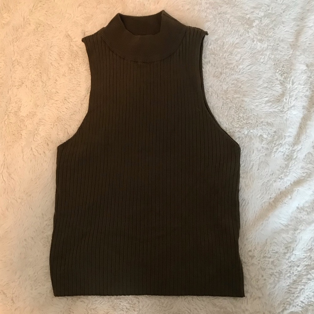Sleeveless olive green knit turtleneck crop top